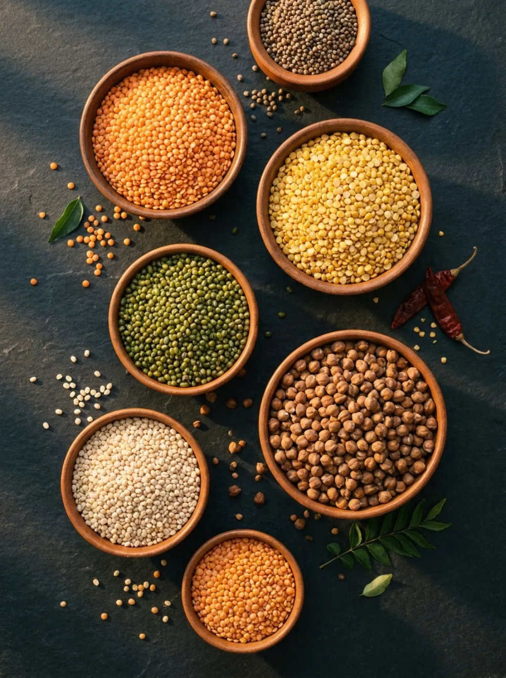 Assorted dals and lentils in bowls