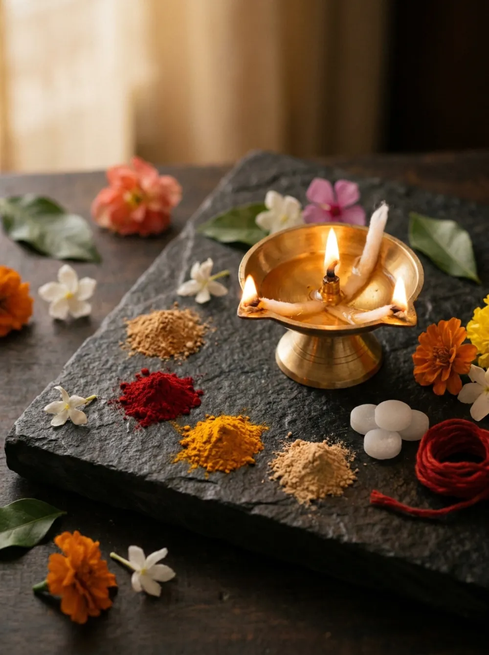 Pooja articles — diya, sindoor, kanku and camphor