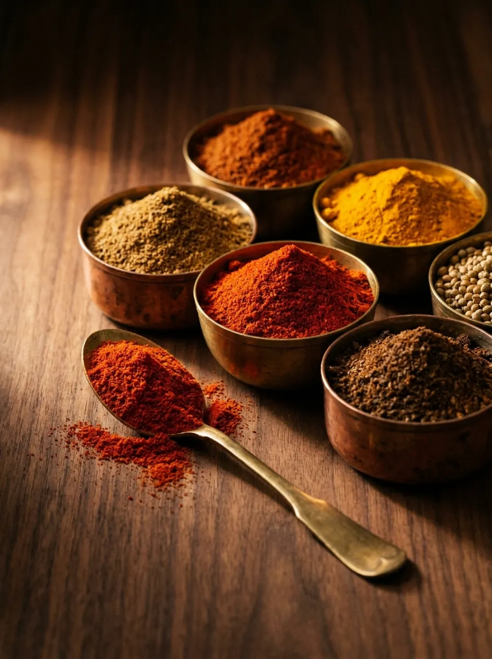 Ground Indian spices in copper bowls
