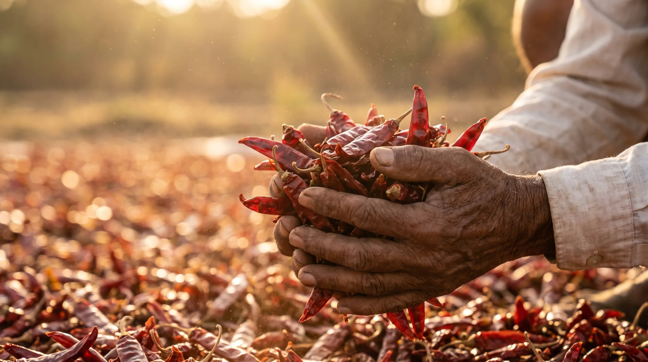Hands holding dried red chillies at golden hour